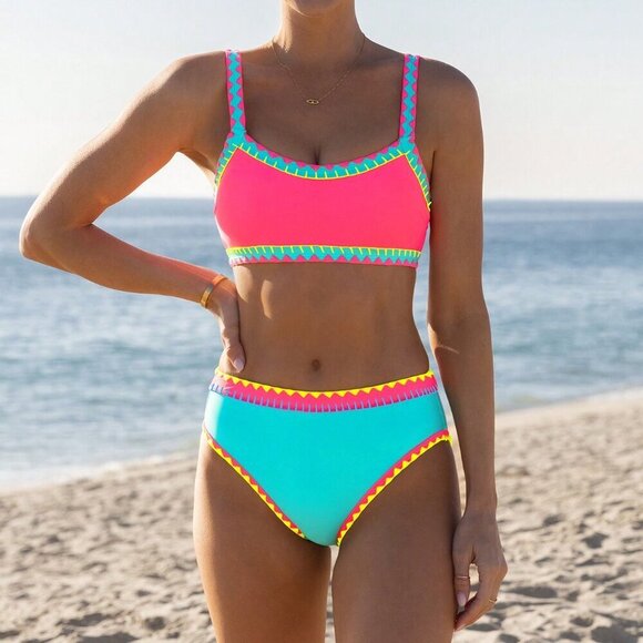 Multicolor Casual Women's Beach Shell Trim Bralette Color Block Bikini Set - Picture 1 of 4